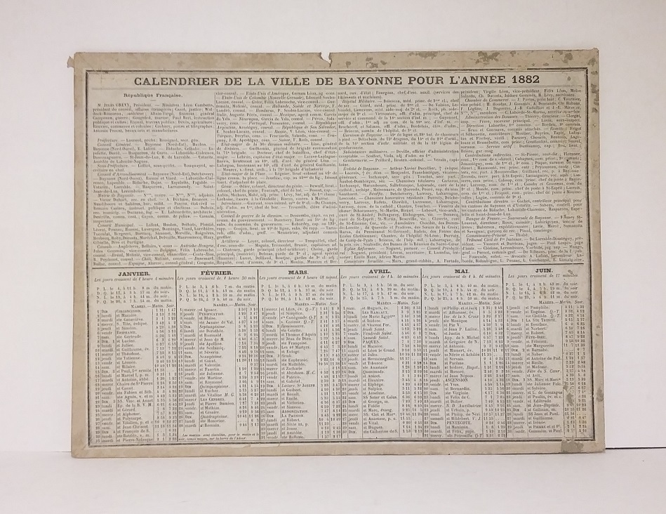 Calendrier de Bayonne - Année 1882