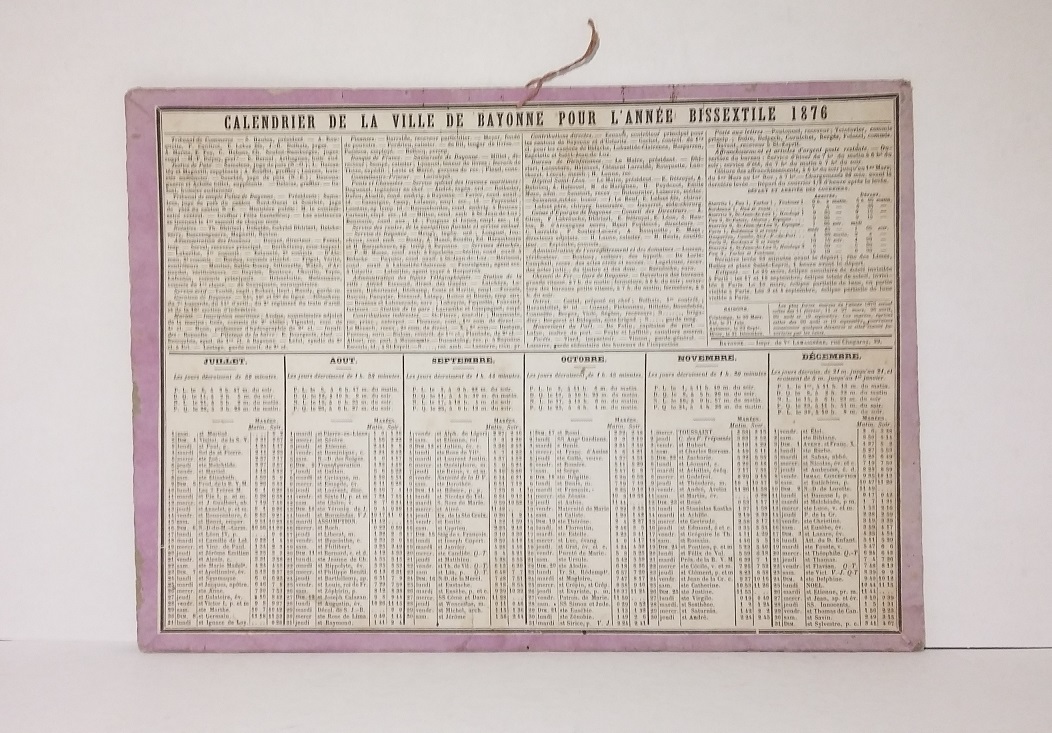 Calendrier de la ville de Bayonne pour l'année bissextile 1876