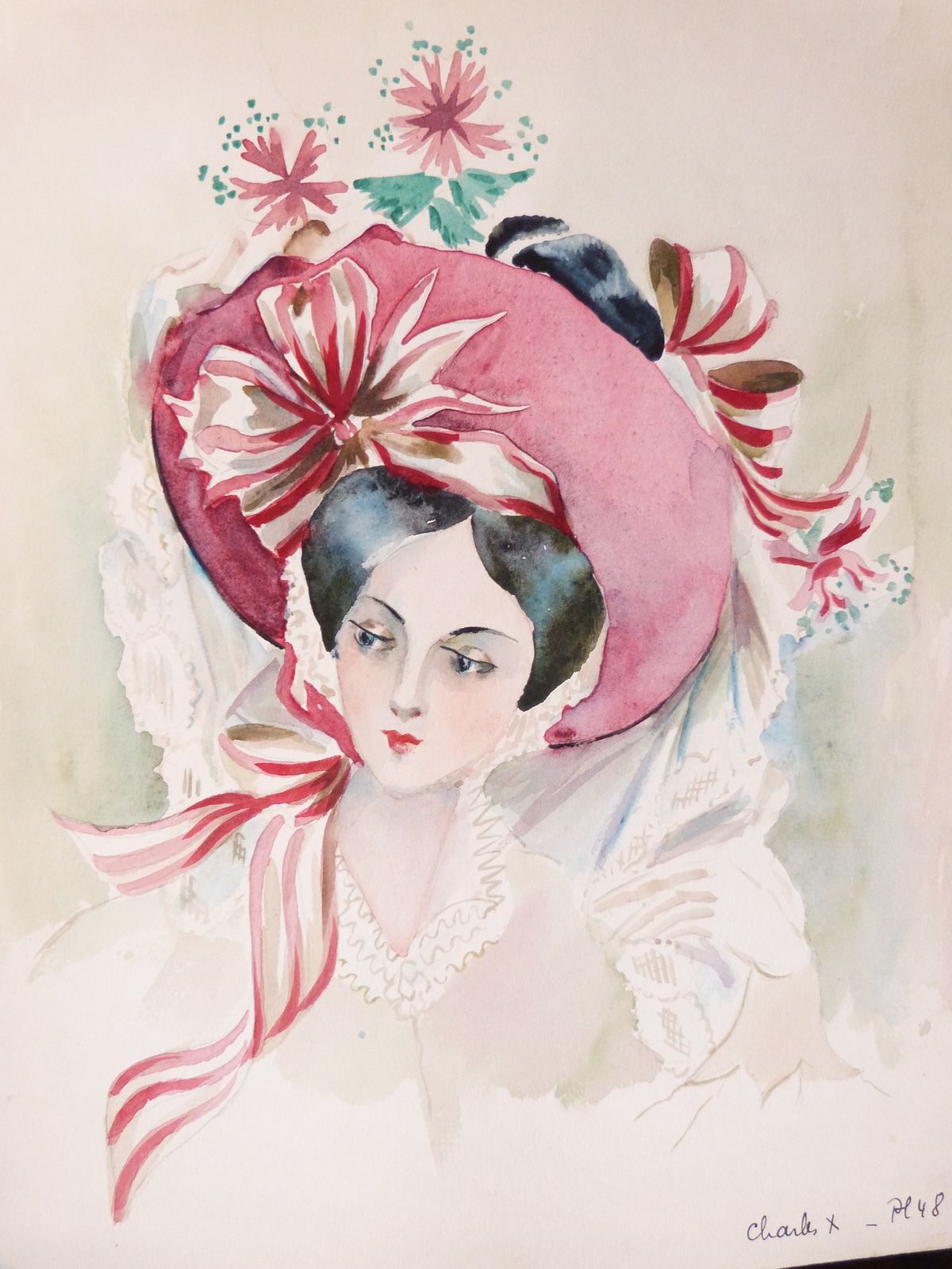 Histoire de la coiffure féminine française et de tout ce qui concerne la tête en général (chapeaux, cheveux, maquillage, parfum).