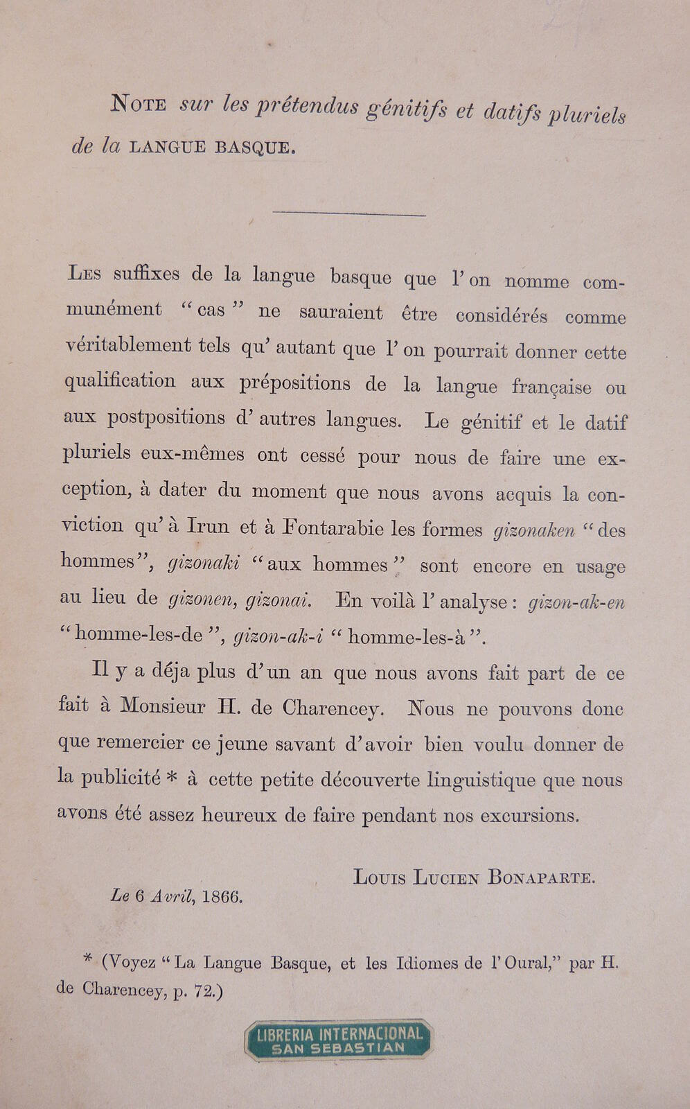 Notes sur les prétendus génitifs et datifs pluriels de la langue basque. 