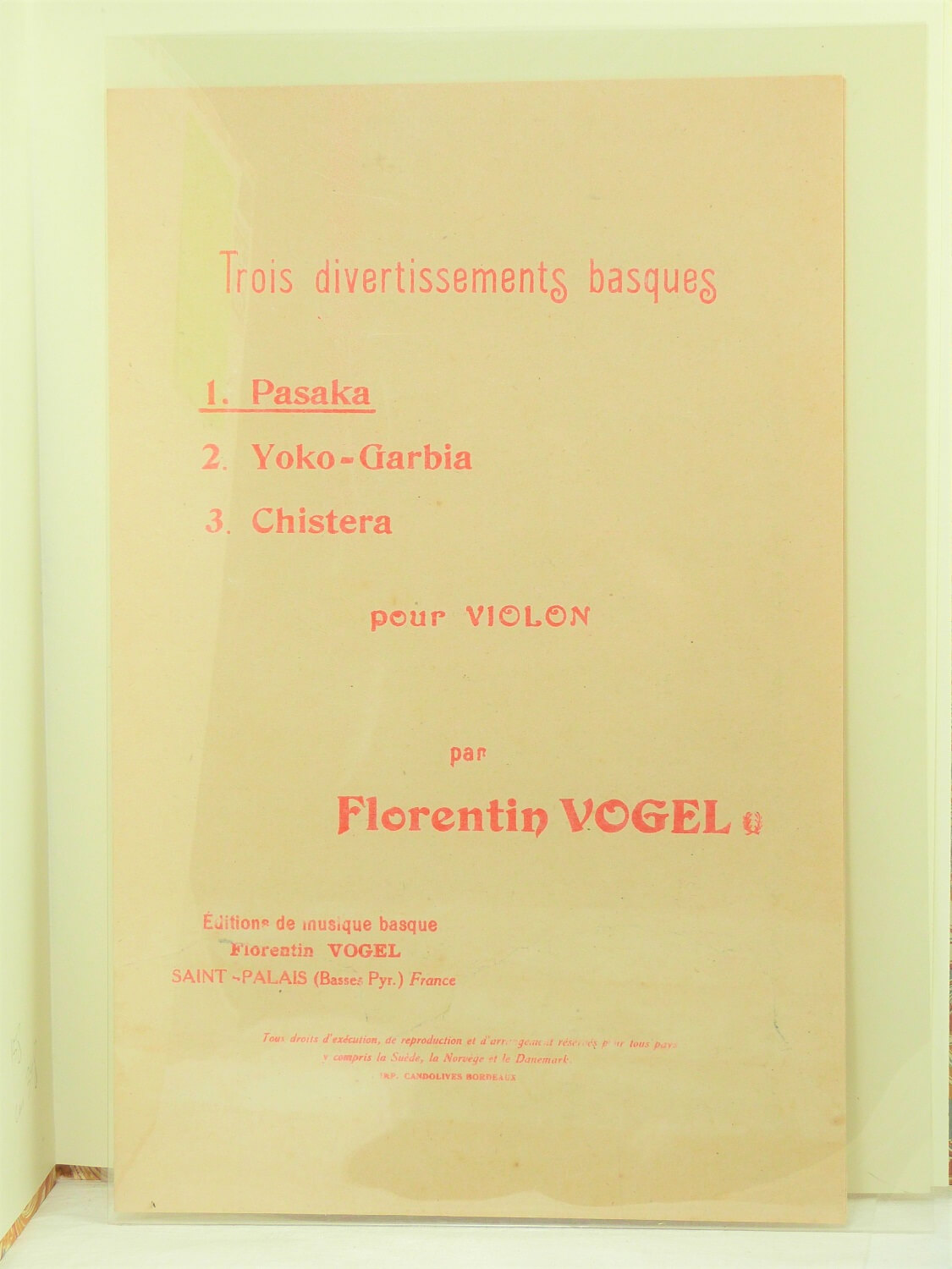 Trois divertissements basques : 1/ Pasaka -2/ Yoko-Garbia -3/ Chistera - pour violon